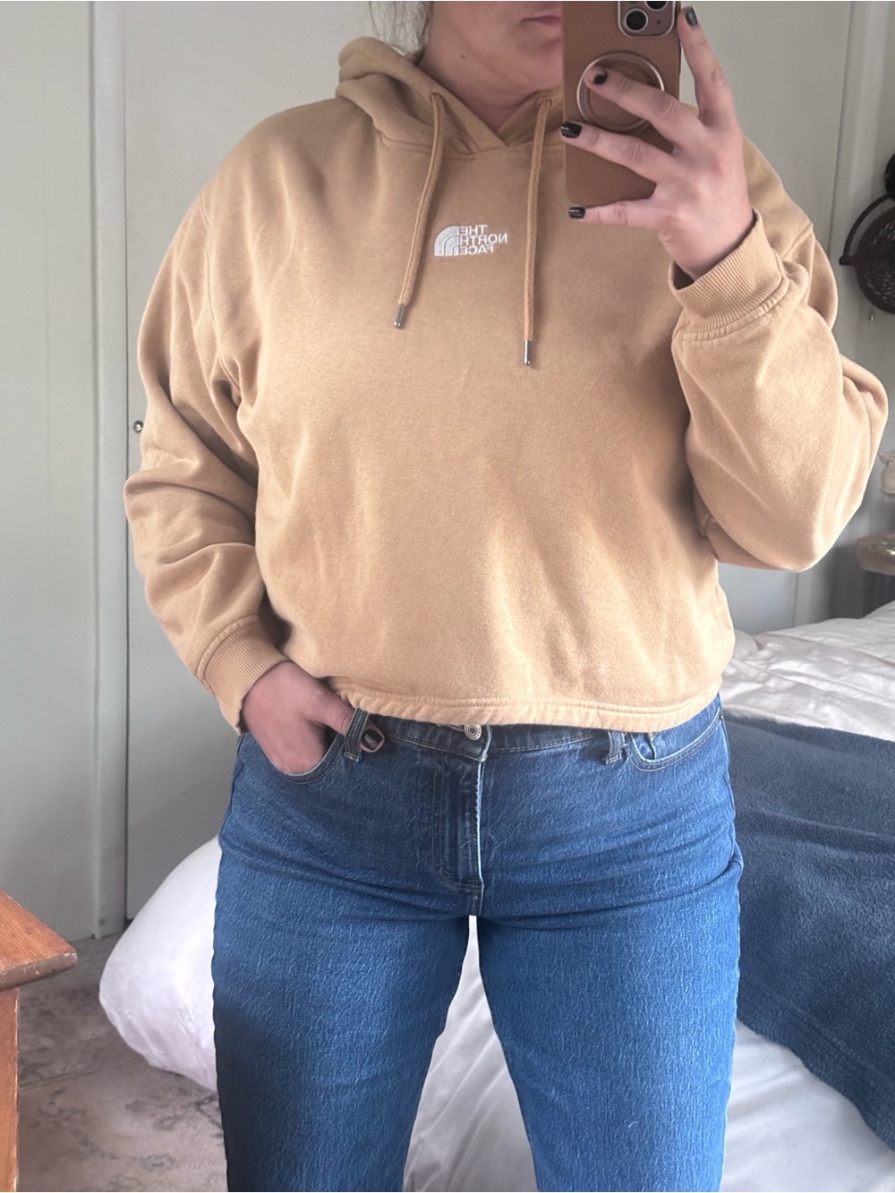 The North Face Women's Cropped Tan Hoodie with Logo Size XL